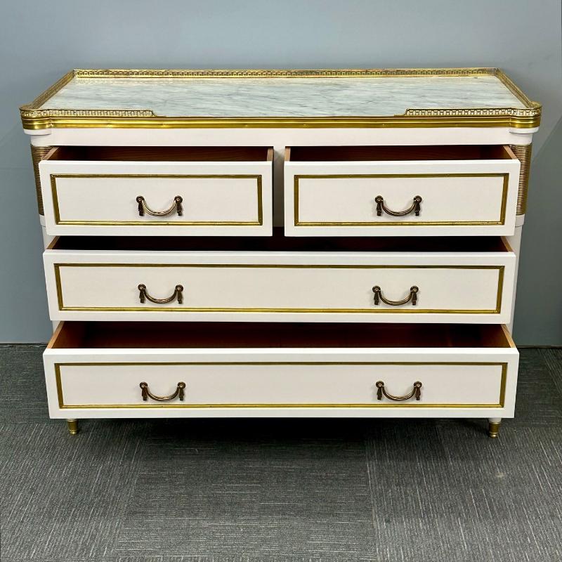 Louis XVI Hollywood Regency Maison Jansen Style White Commodes / Nightstands