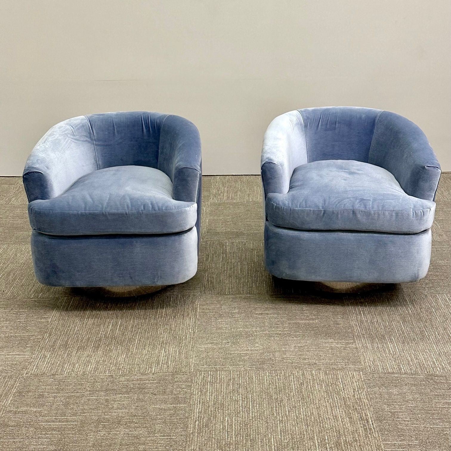 Mid-Century Modern Milo Baughman Style Swivel Chairs, Chrome Base, Blue Velvet