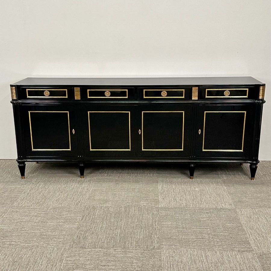 Hollywood Regency Style Black Lacquer Sideboard / Credenza , Maison Jansen Style