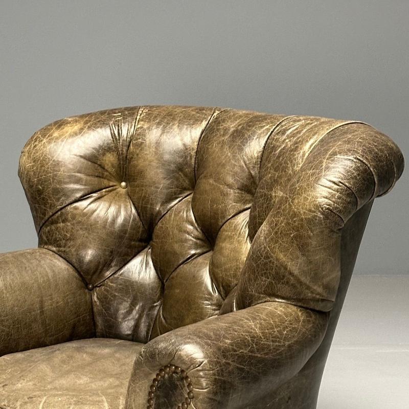 Georgian, Chesterfield, Oversized Lounge Chair, Tufted Green Leather