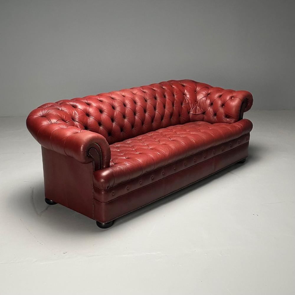 Georgian, Chesterfield Sofa, Tufted, Red Distressed Leather, Bun Feet, 2000s