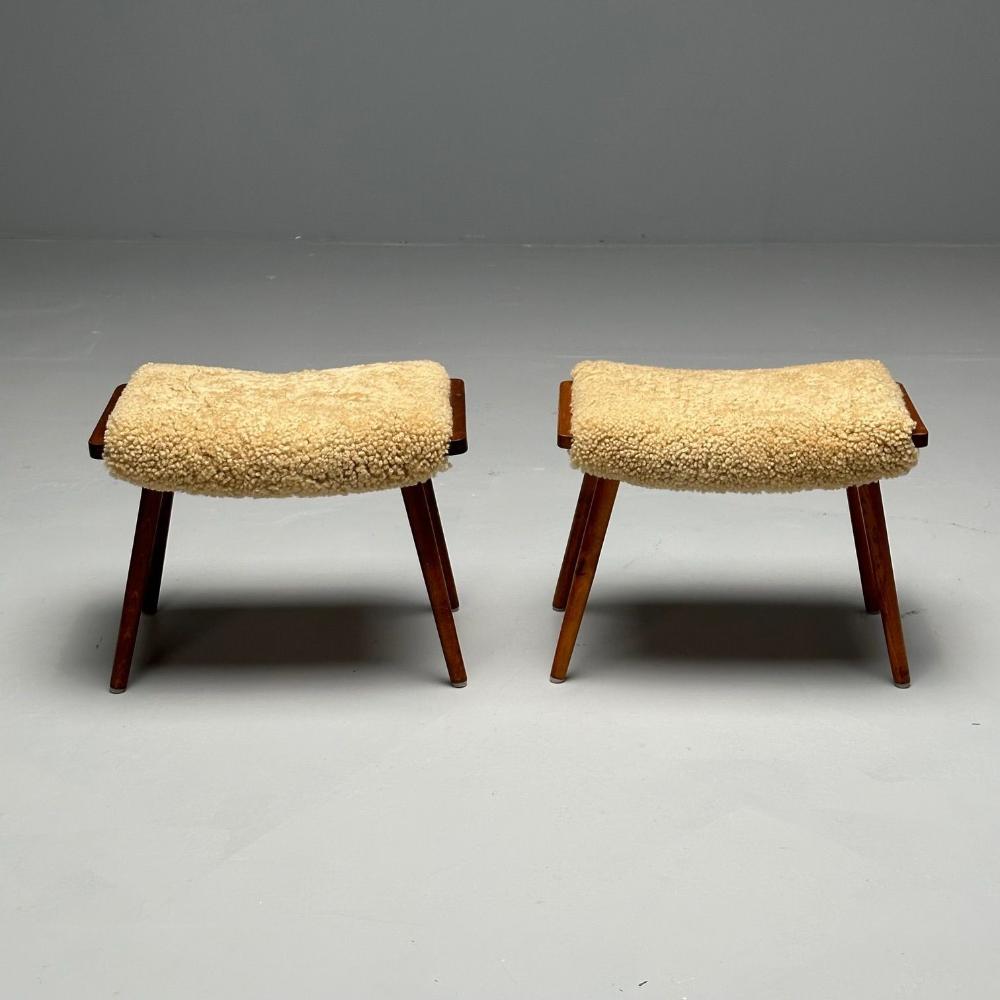 Swedish Mid-Century Modern, Stools, Honey Sheepskin, Walnut, Sweden, 1970s