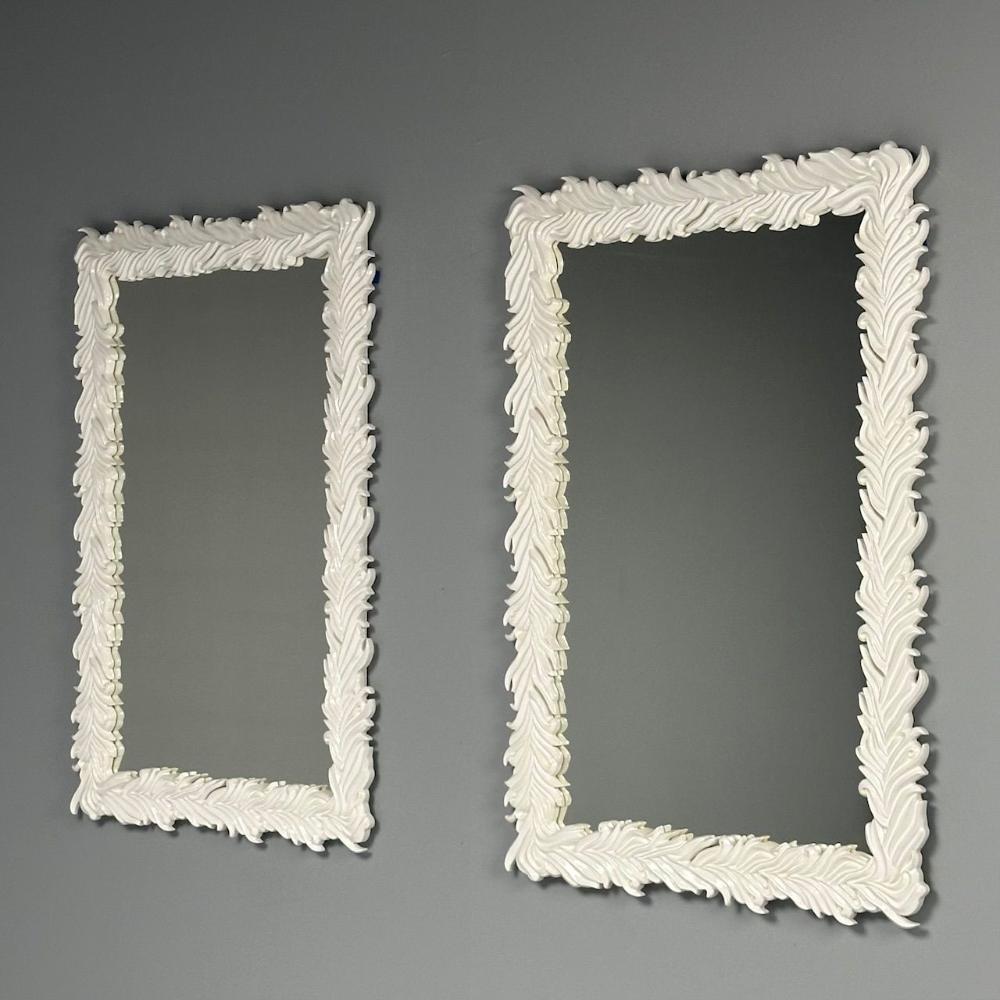 Serge Roche Style, Contemporary, Rectangular Leaf Wall Mirrors, White Lacquer