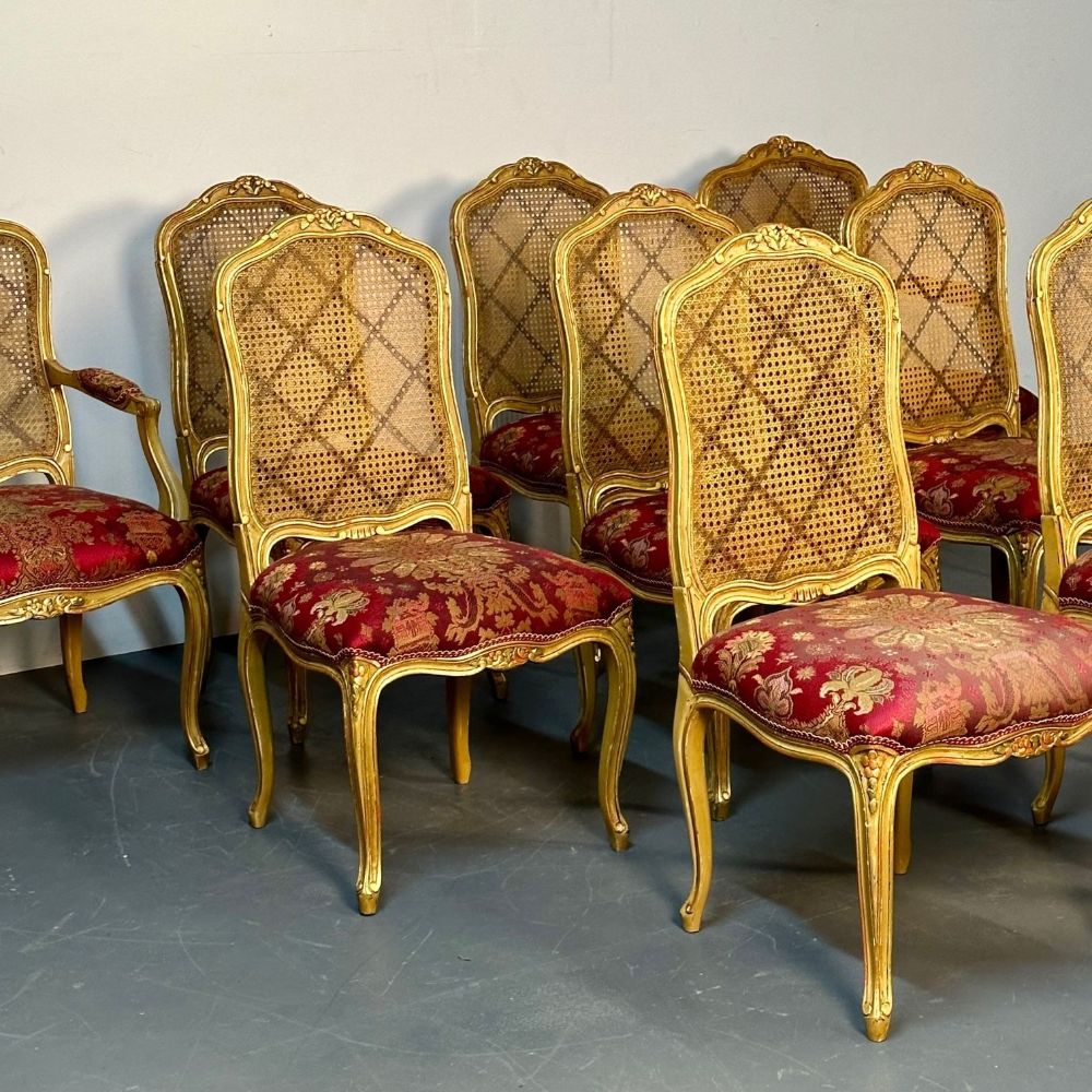 Set of Ten Louis XV Style Dining / Side Chairs, Clayed Gilt and Cane, French