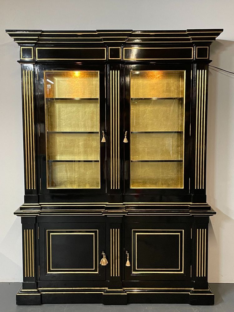 Hollywood Regency Maison Jansen Style Bookcase / Cabinet, Ebony, Gold Leaf