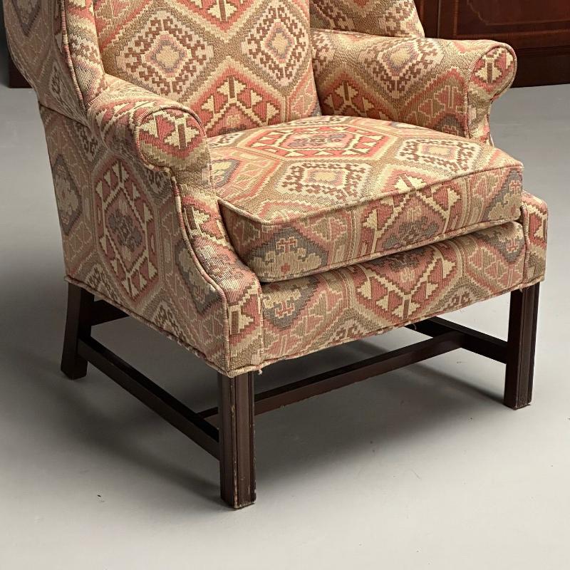 English Georgian Style, Wingback Chairs, Pink Aztec Print, Tapestry Fabric