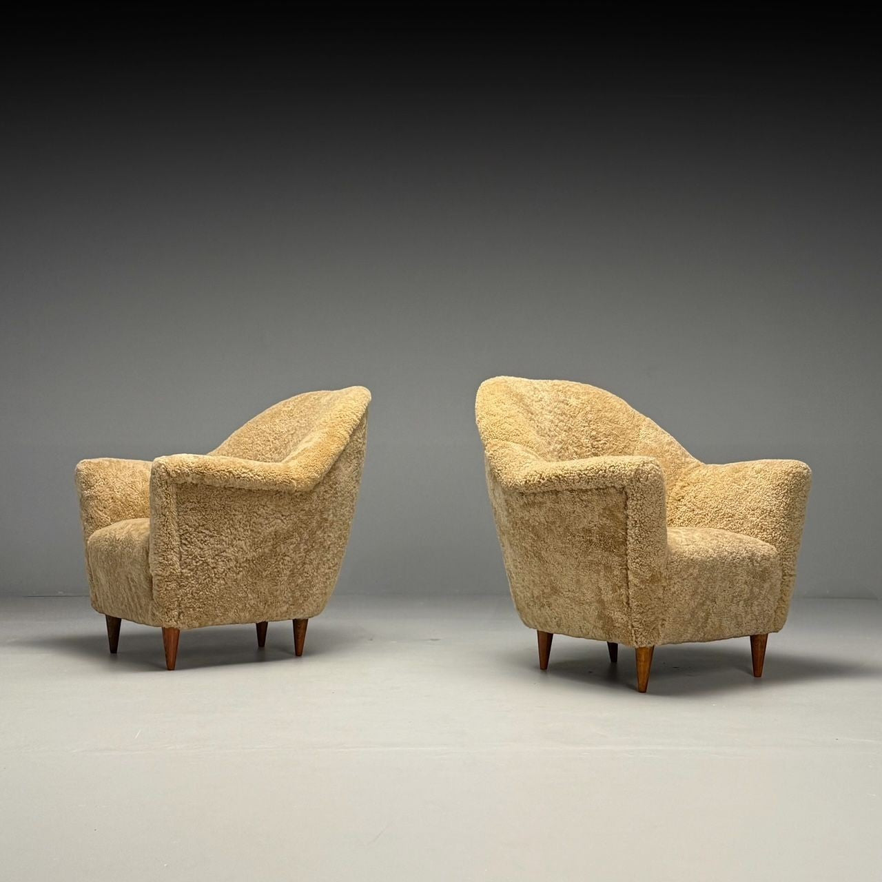 Italian Mid-Century Modern, Lounge Chairs, Honey Shearling, Stained Wood, 1950s