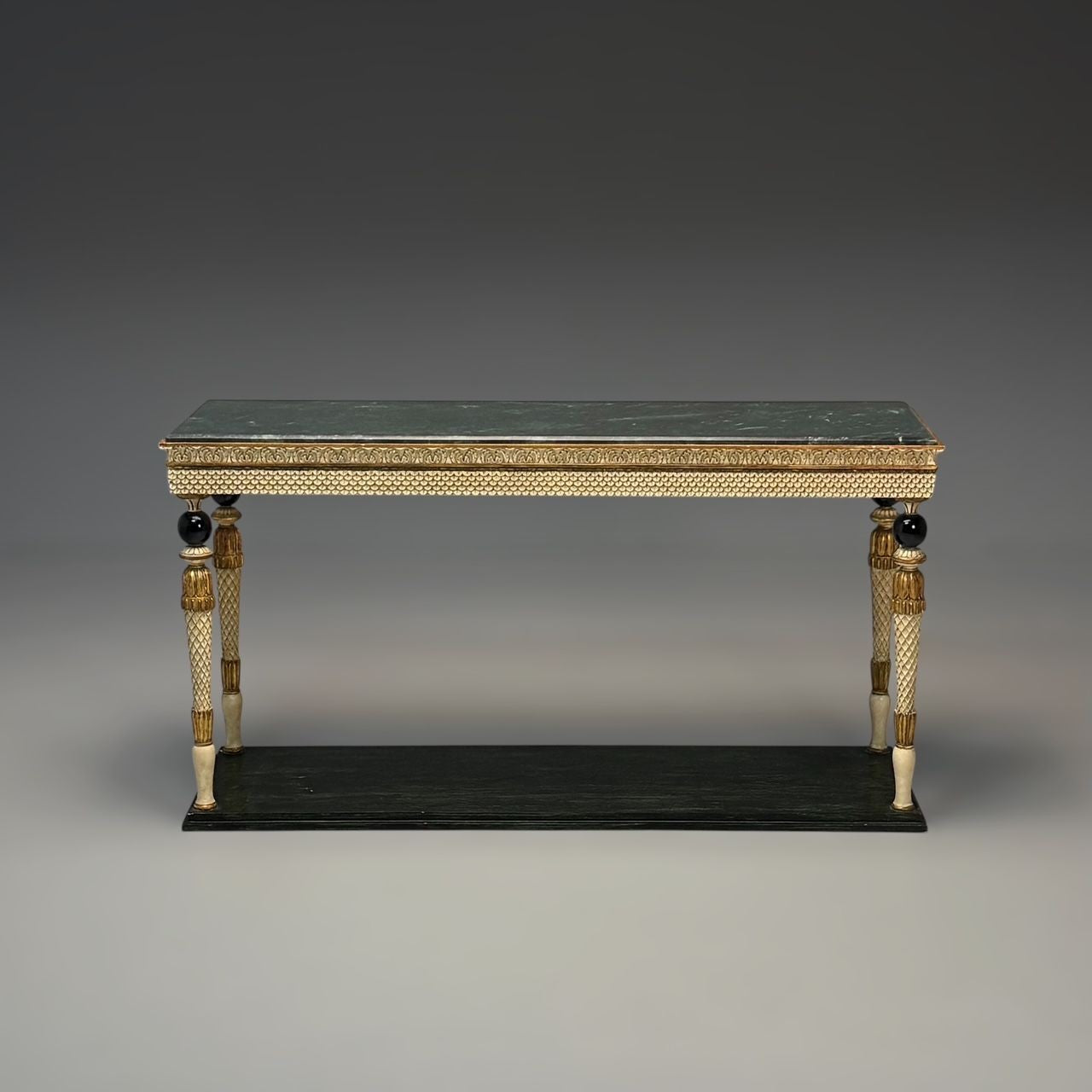 Maison Jansen Neoclassical Style Console Tables, Carved Wood, Green Marble