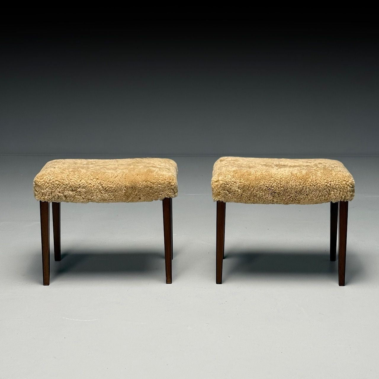 Danish Mid-Century Modern, Ottomans, Honey Shearling, Mahogany, Denmark, 1950s