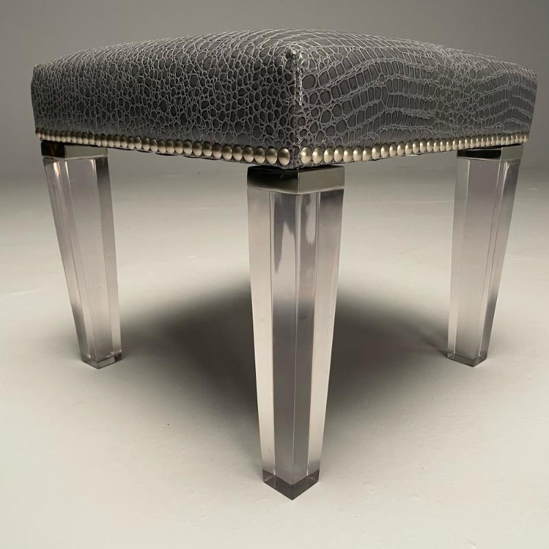 Contemporary, Modern Footstool, Chrome, Acrylic, Faux Snakeskin, 2010s