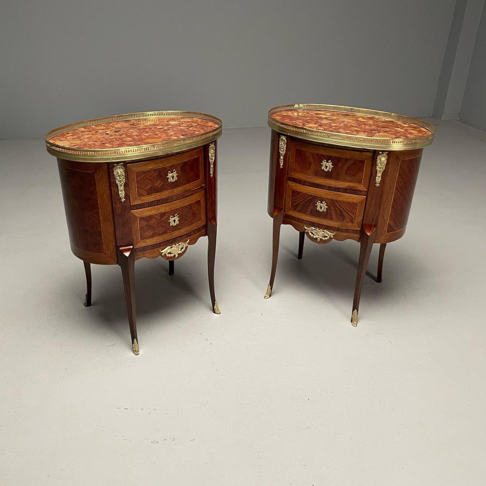 French Louis XV, Side Tables, Marquetry, Marble, Brass, France, 1930s