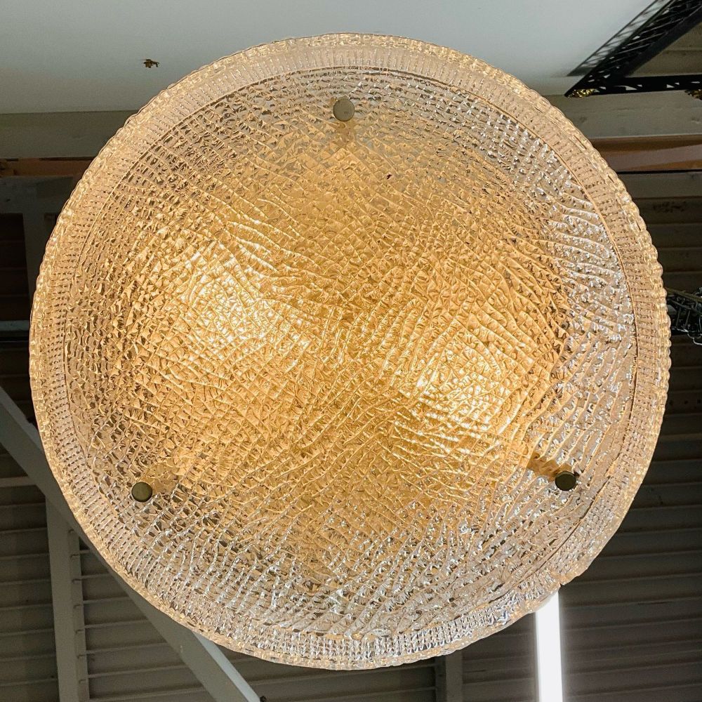 Circular Mid-Century Modern Flushmount Chandelier / Pendant, Glass and Bronze