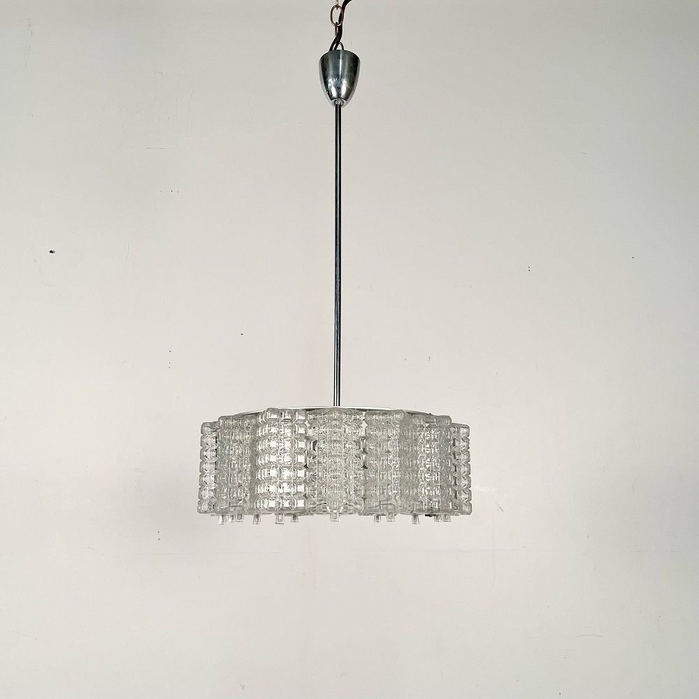 Art Deco, Chandelier, Textured Glass, Chrome, Sweden, Circa 1930s