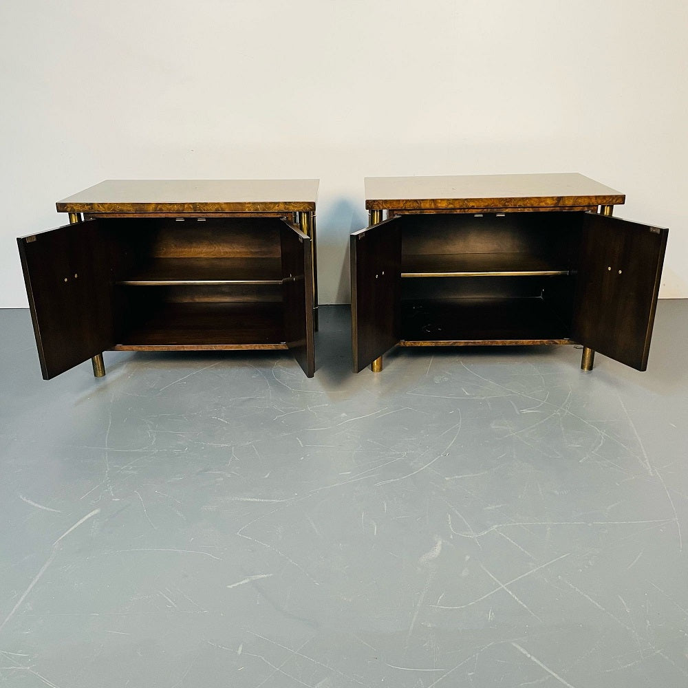 Pair Mid-Century Modern Mastercraft Nightstands, Floating Cabinets in Elm, Brass