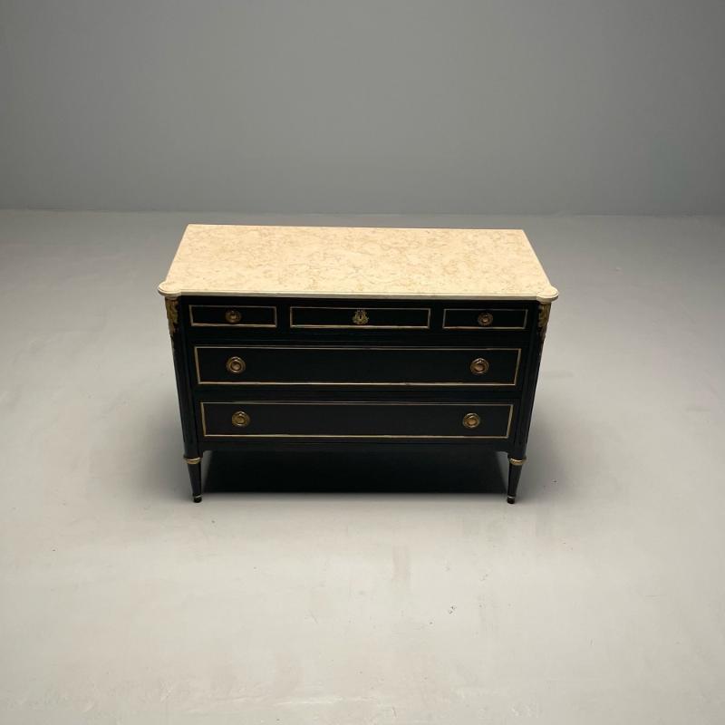 Hollywood Regency Maison Jansen Stamped Ebony Chest / Commode, Marble Top