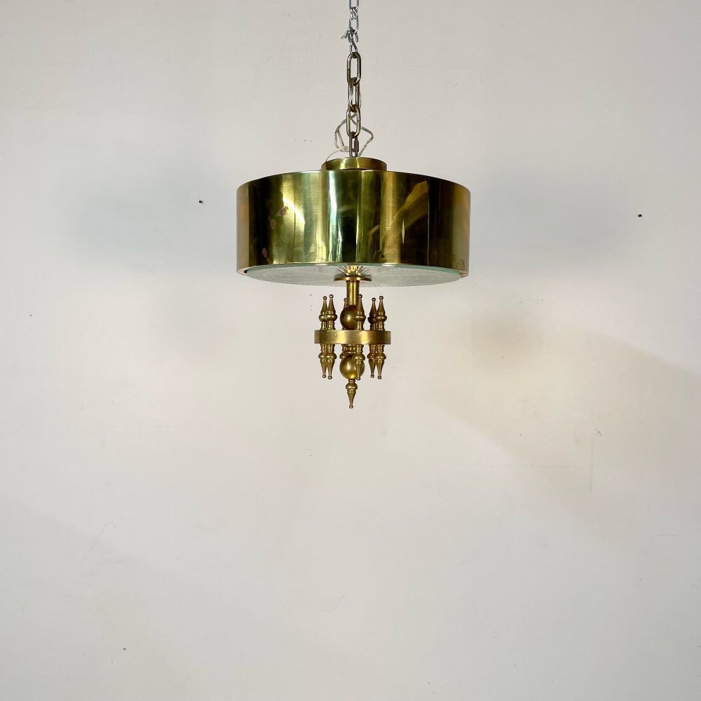 Small Hollywood Regency Style Brass Pendant / Chandelier, Starburst Etched Glass