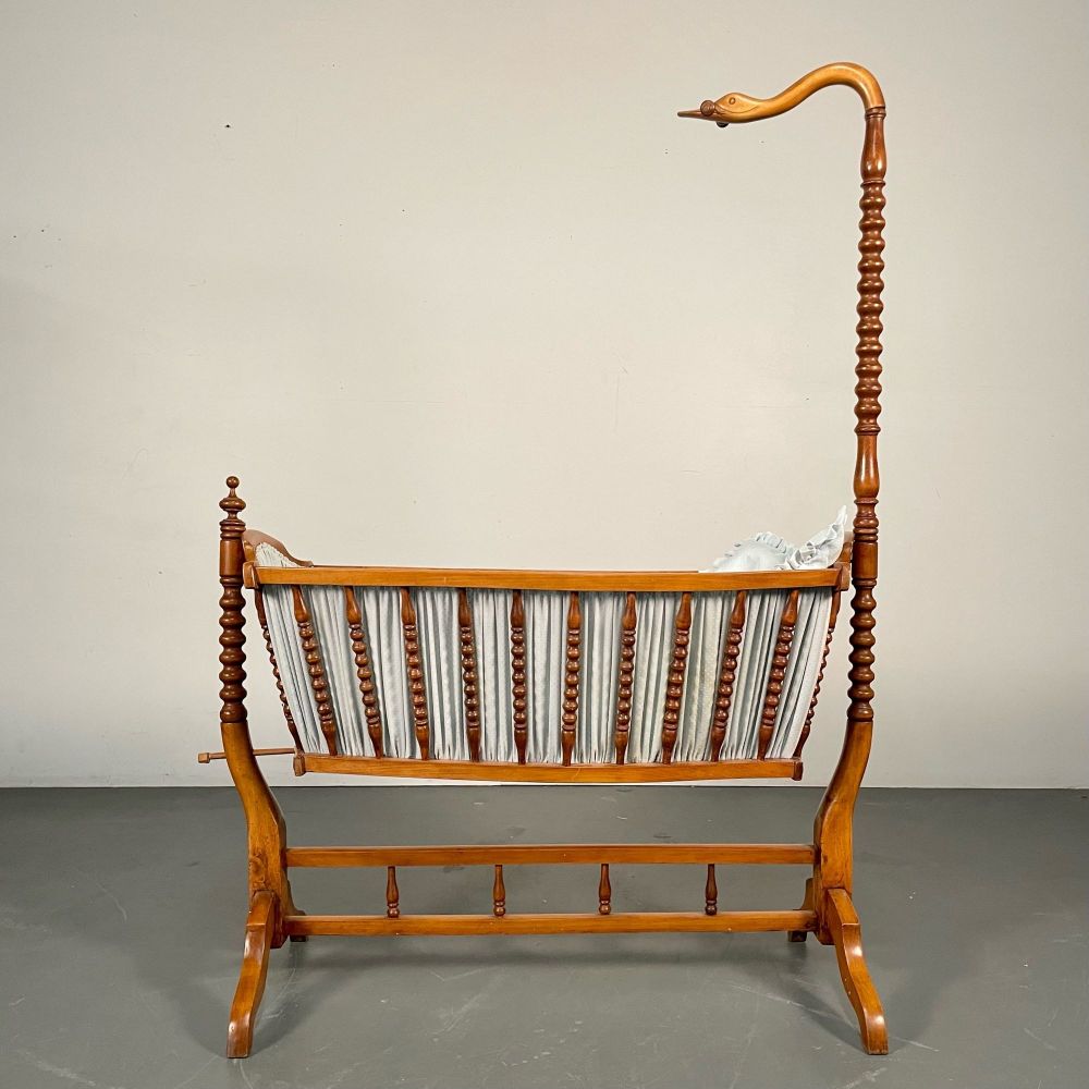 French Spindled 19th Century Walnut Decorative Cradle, Swan Motif