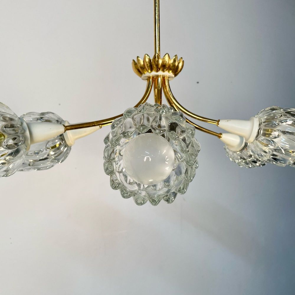 Italian Mid-Century Modern Six Light Brass Pendant / Chandelier, Textured Glass