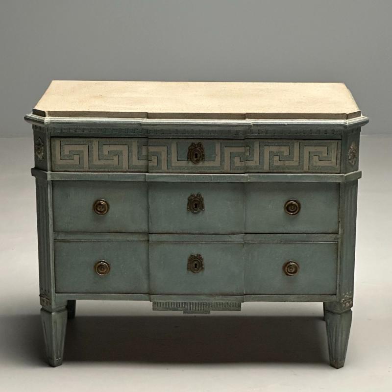 Gustavian, Swedish Commodes, Blue Paint Distressed, Brass, Sweden, Greek Key