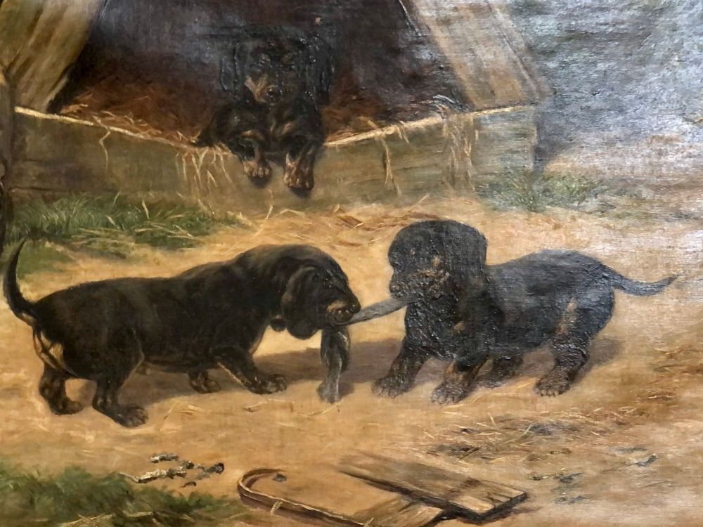 Oil on Canvas "Dachshund Puppies at Play" by Simon Ludvig Ditlev Simonsen