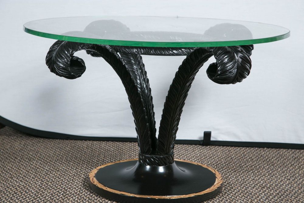 Hollywood Regency Style Ebonized Glass Top Palm Leaf Coffee Table Gilt Border