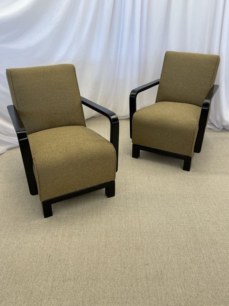 Pair of Vintage Art Deco Lounge / Arm Chairs, Ebony Wood, Boucle, Sweden, 1940s