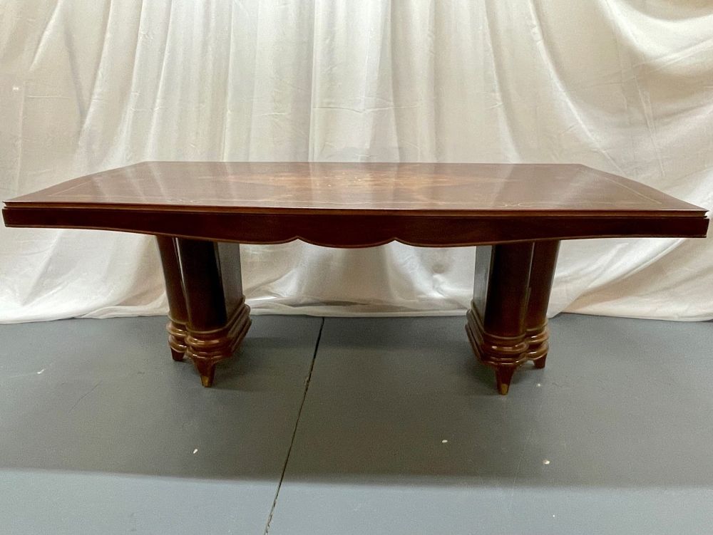 French Art Deco Dining Table by Jules Leleu, Refinished, Double Pedestal