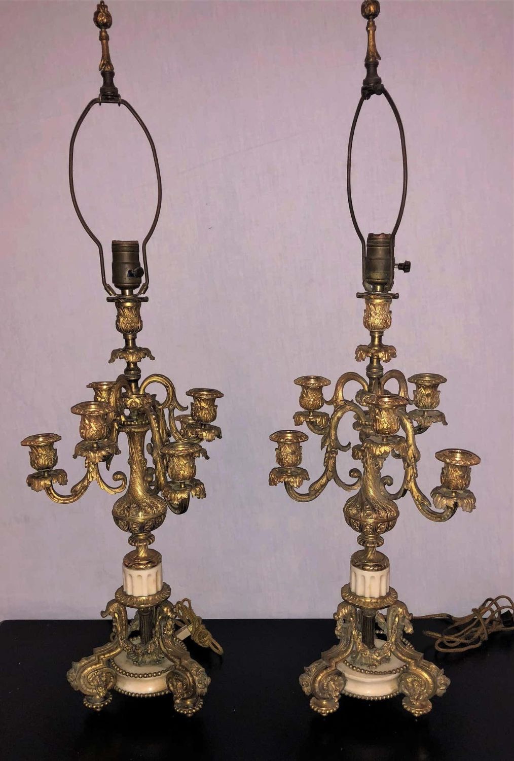 Pair of 19th Century Doré Bronze 7-Light Marble Base Candelabras Mounted as Lamp