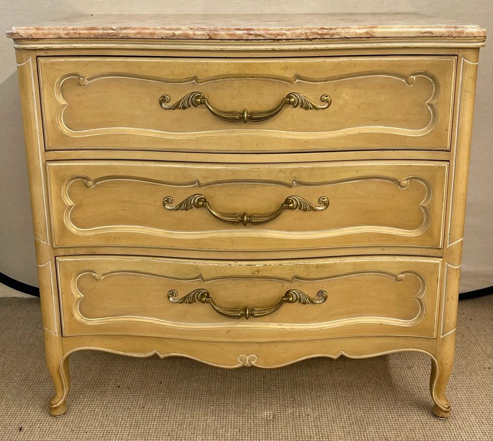 Pair Of Louis XV Style Grosfeld House Marble-Top Distressed Four-Drawer Commodes