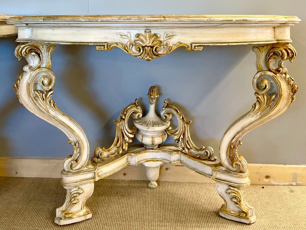 Pair of Italian Parcel Paint and Gilt Decorated Faux Marble-Top Console Tables