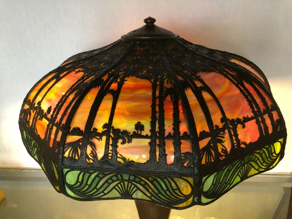 Arts & Crafts Handel Palm Tree Table Lamp Signed on Base and Shade