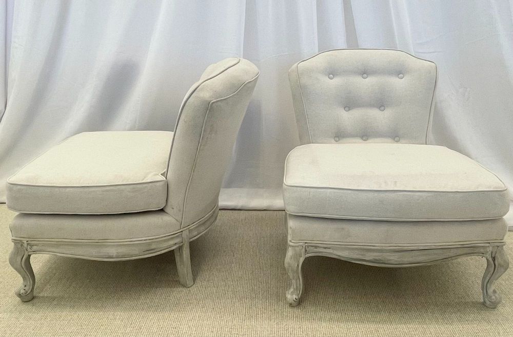 Pair Gustavian Style Slipper Chairs, Swedish Style Paint Decorated, Distressed, Linen