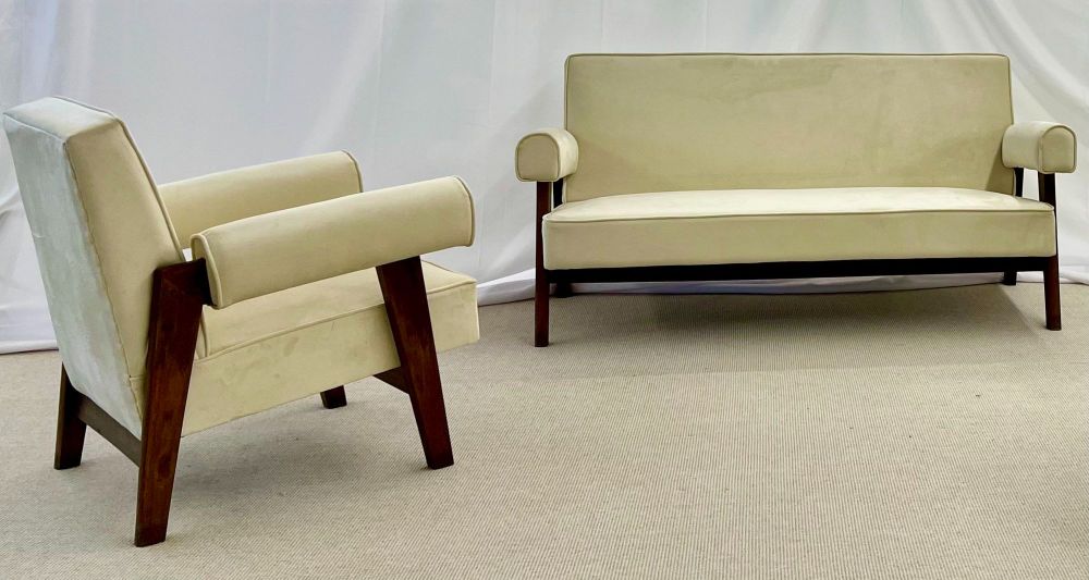 Pierre Jeanneret, French Mid-Century Modern, Bridge Sofa Set, Teak, Suede