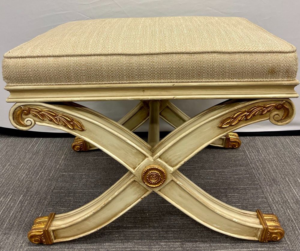 Pair of Maison Jansen Style X-Form Benches or Footstools Ivory And Parcel Gilt