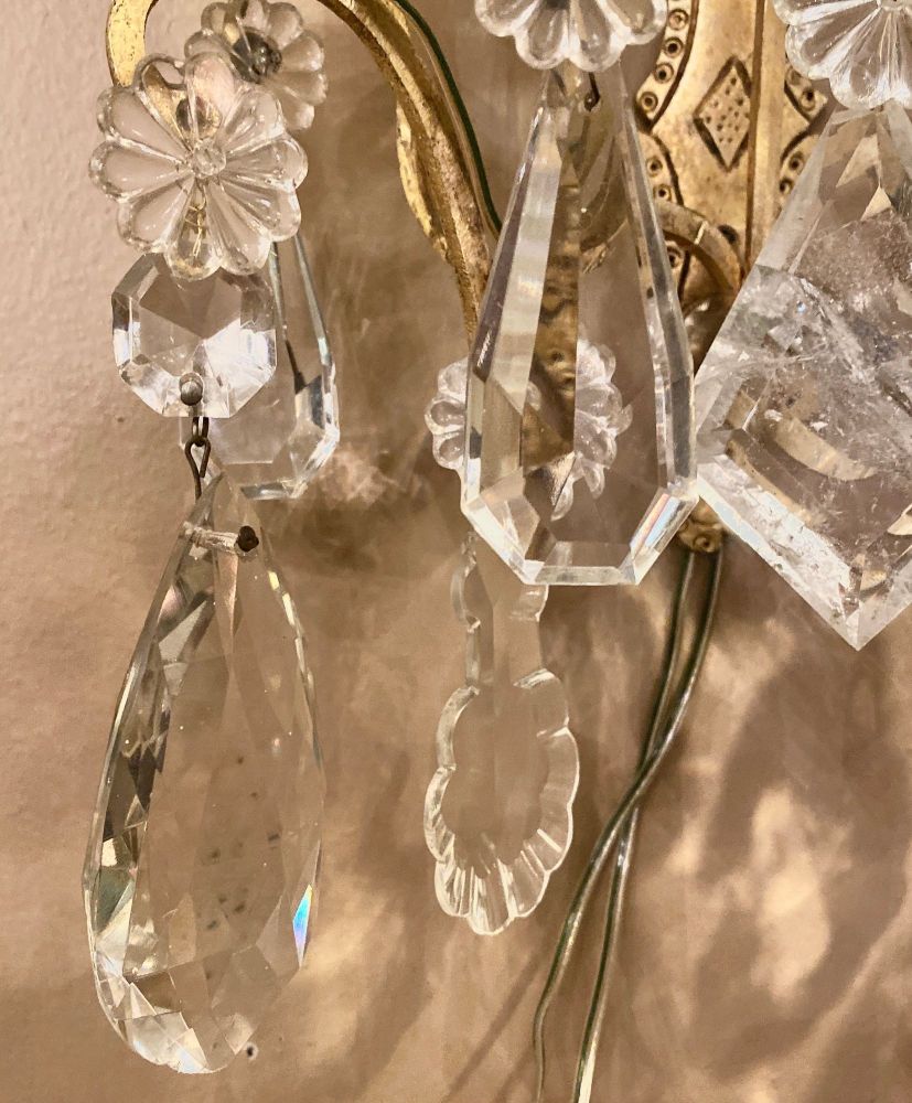 Pair of Two-Light Covered Mixed Crystal and Rock Crystal Bronze Wall Sconces