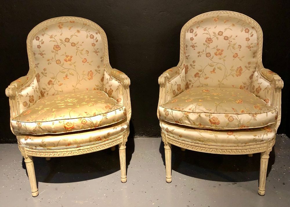 Pair Louis XVI Style Maison Jansen Bergeres in A Distressed Frame