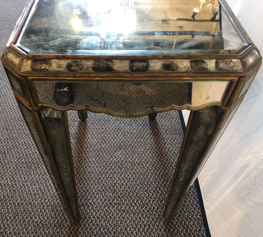 Hollywood Regency Distressed Beveled Mirror Single Draw End, Side Table or Desk