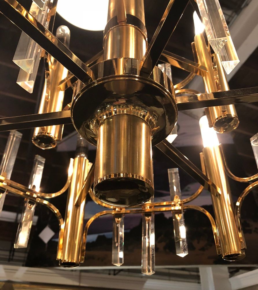 Tommi Parzinger Style Brass Chandelier Cylindrical Lights Crystal Prisms