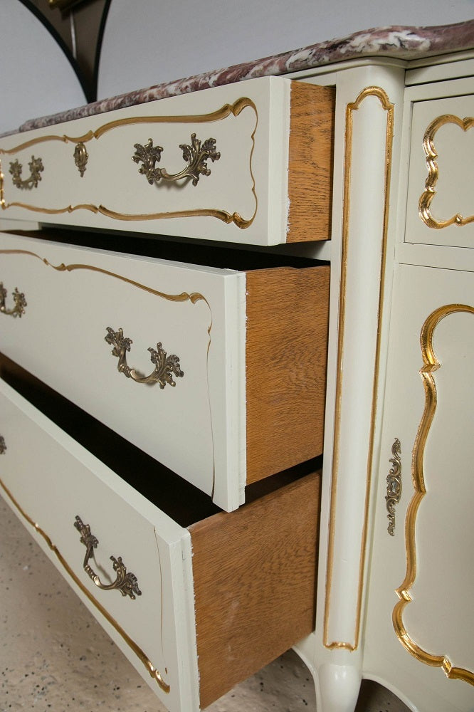 Custom Quality White Marble-Top Paint Decorated and Giltwood Sideboard Dresser