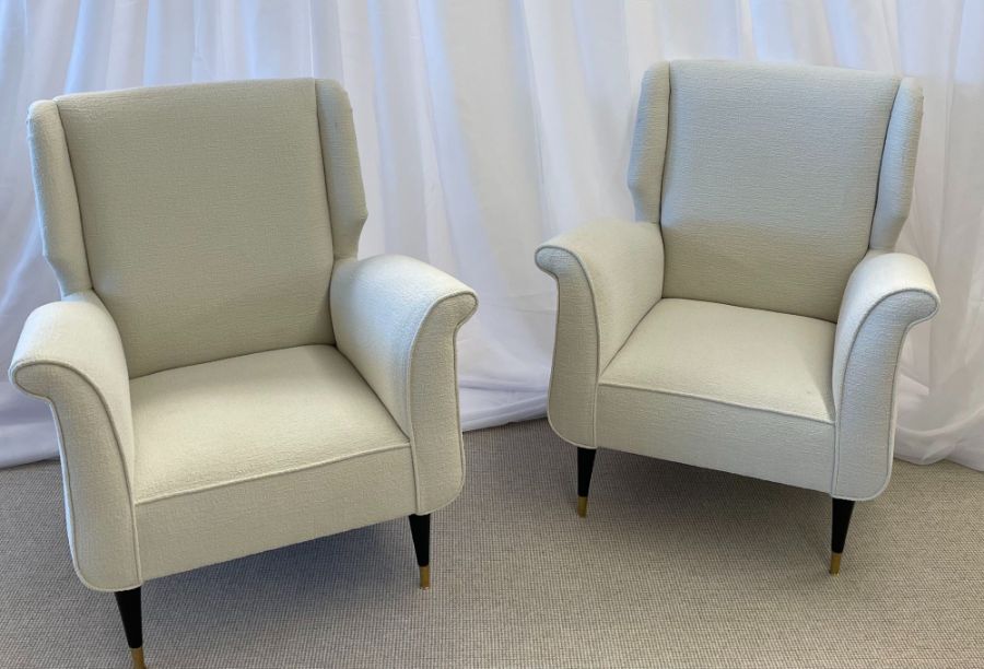 Mid-Century Modern Gio Ponti Style Armchairs, Wingback Chairs, Pair in Kravet Bouclé