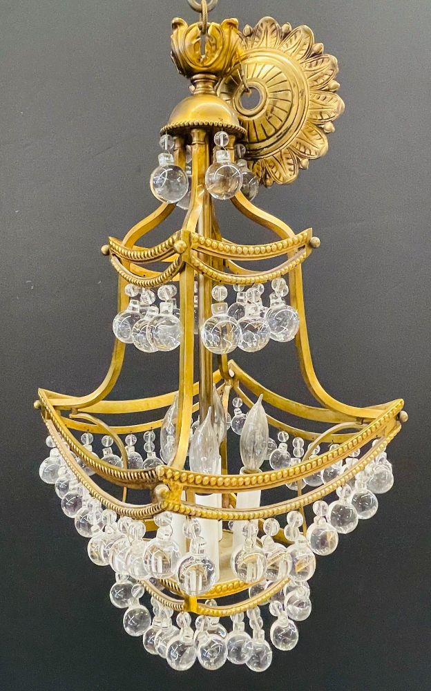 Bronze and Crystal Pagoda Form Diminutive Chandelier