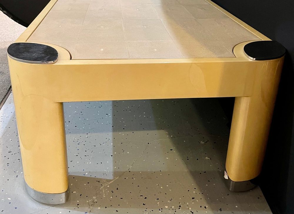 Ron Seff Oval Leg Cocktail Table in Lacquered Parchment Framing a Shagreen Top