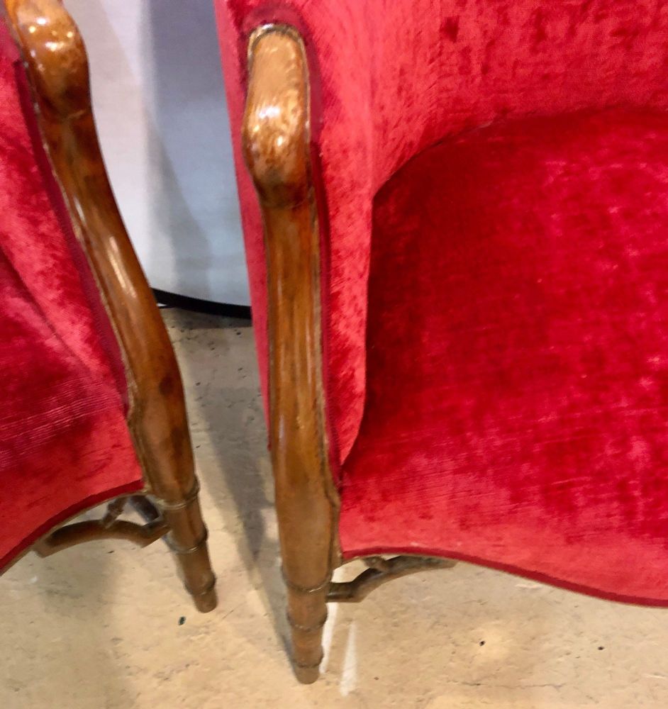 Pair of Bamboo Legged Cherry Red Velour 19th-20th Century Barrel Back Chairs