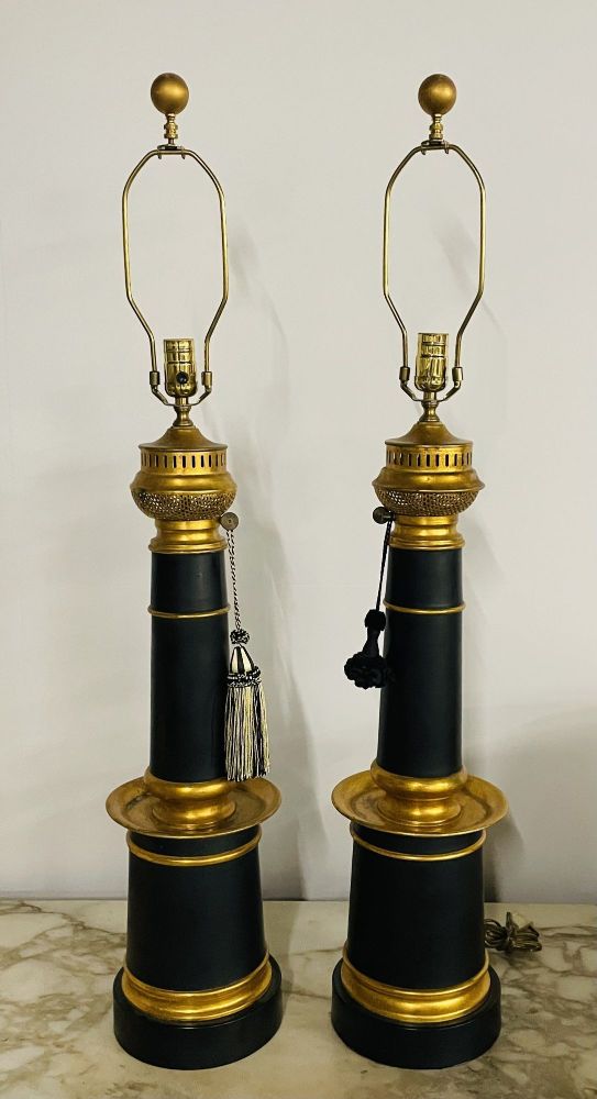 Pair of Hollywood Regency Style Table Lamps with Custom Shades, Ebony and Gilt