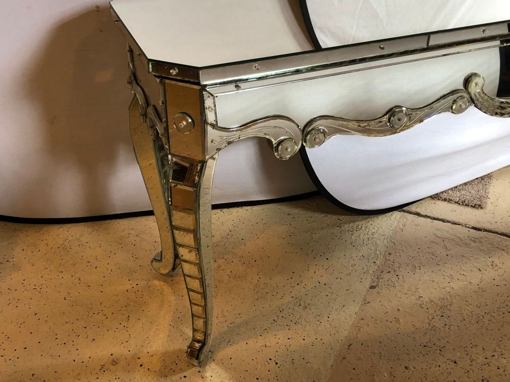 Hollywood Regency Mirrored Console with Applied Decoration and Cabriolet Legs