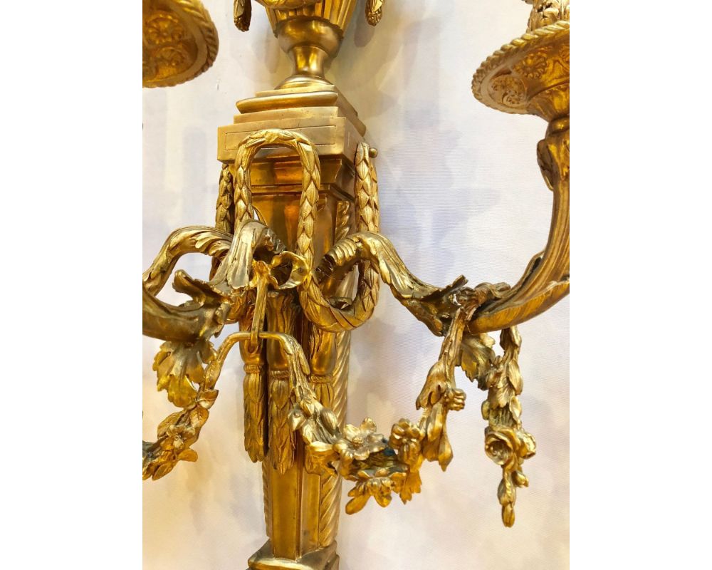 Pair of French Louis XVI Style Dore Bronze Sconces with Foundry Name