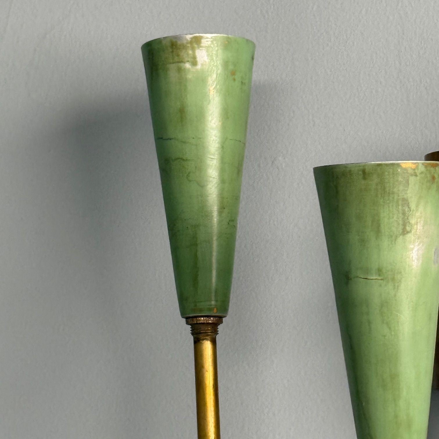 Arredoluce, Italian Mid-Century Modern, Wall Sconces, Brass, Green Metal, 1960s