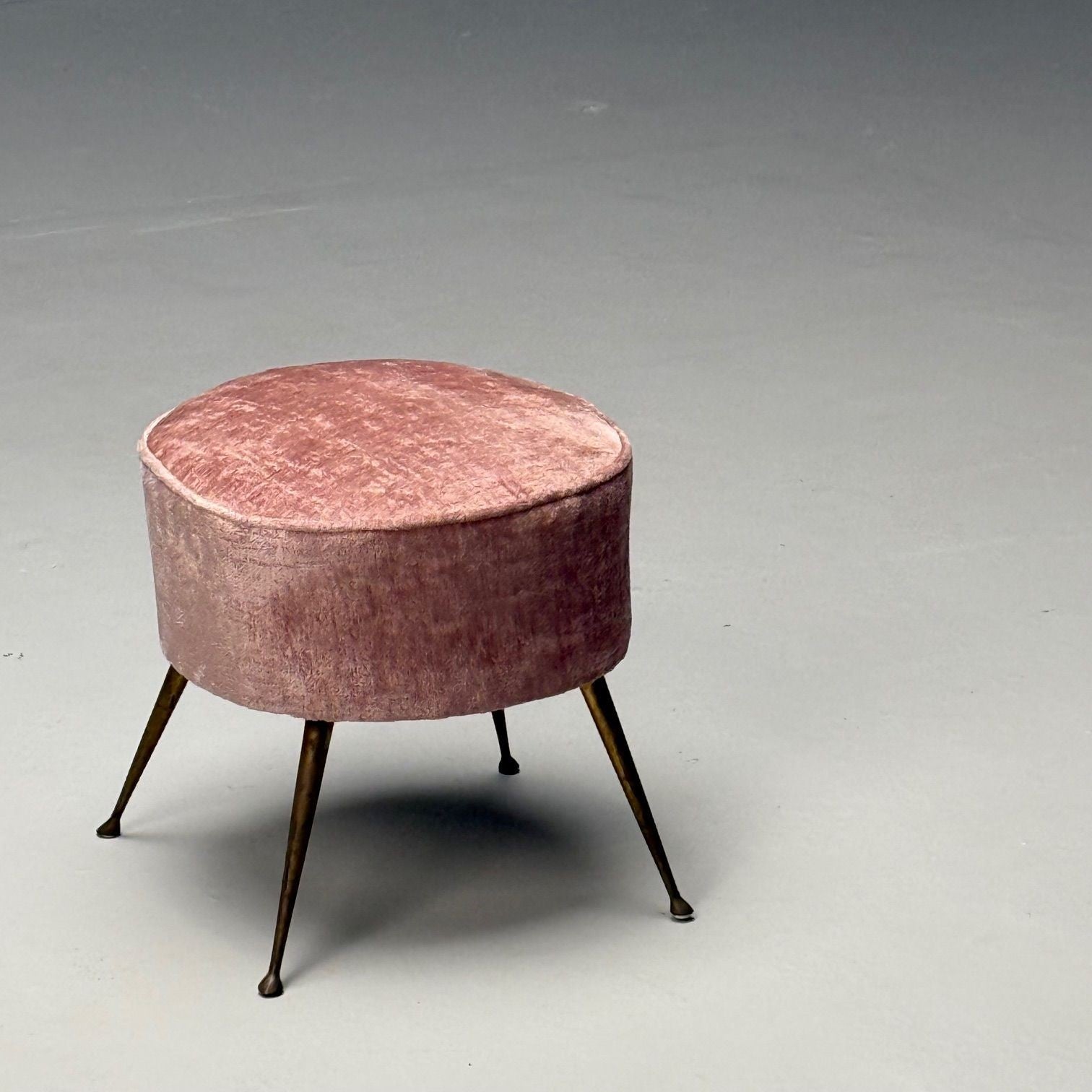 Italian Mid-Century Modern, Footstools, Patinated Brass, Pink Velvet, 1950s