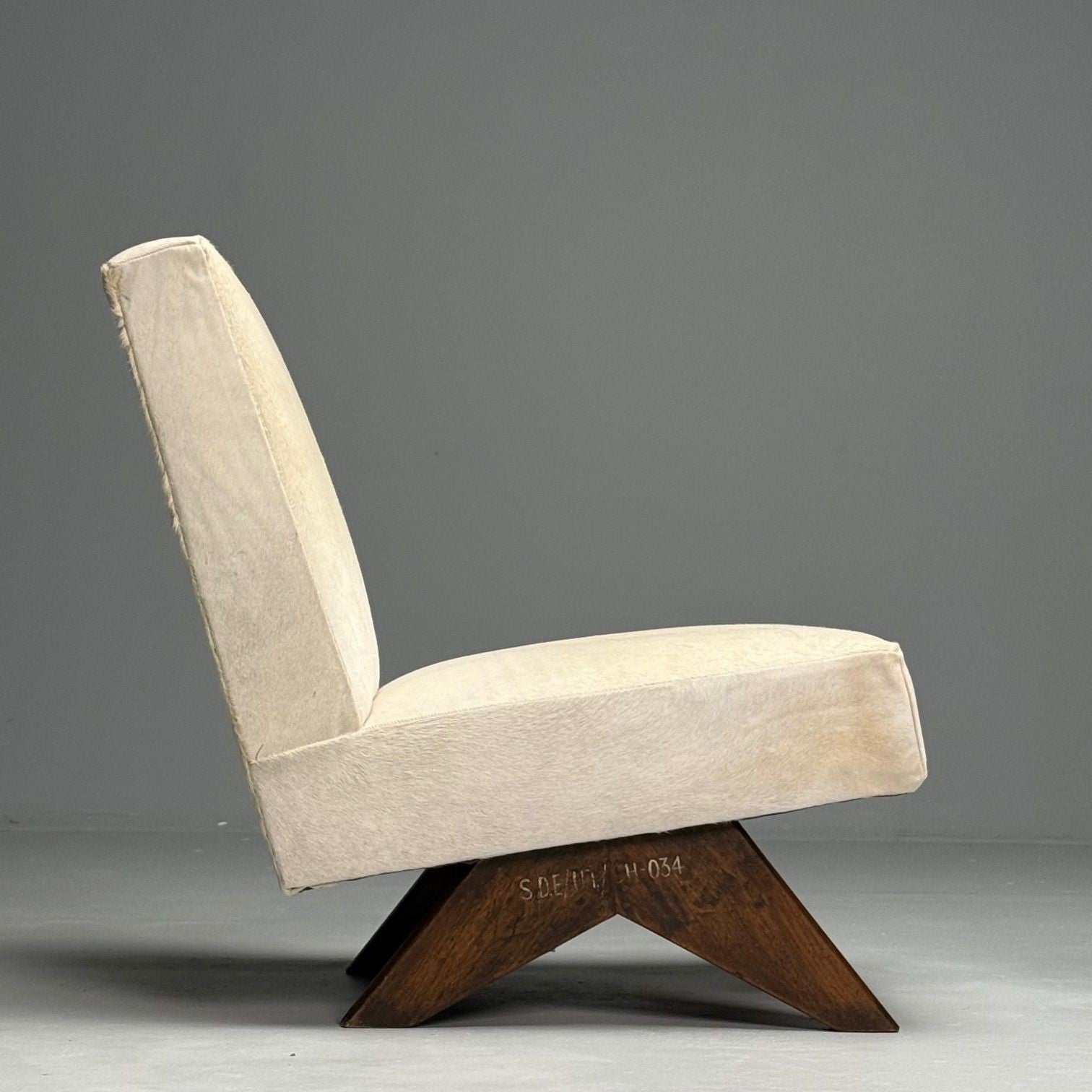 Pierre Jeanneret, French Mid-Century Modern, Slipper Chairs, White Cowhide, Teak