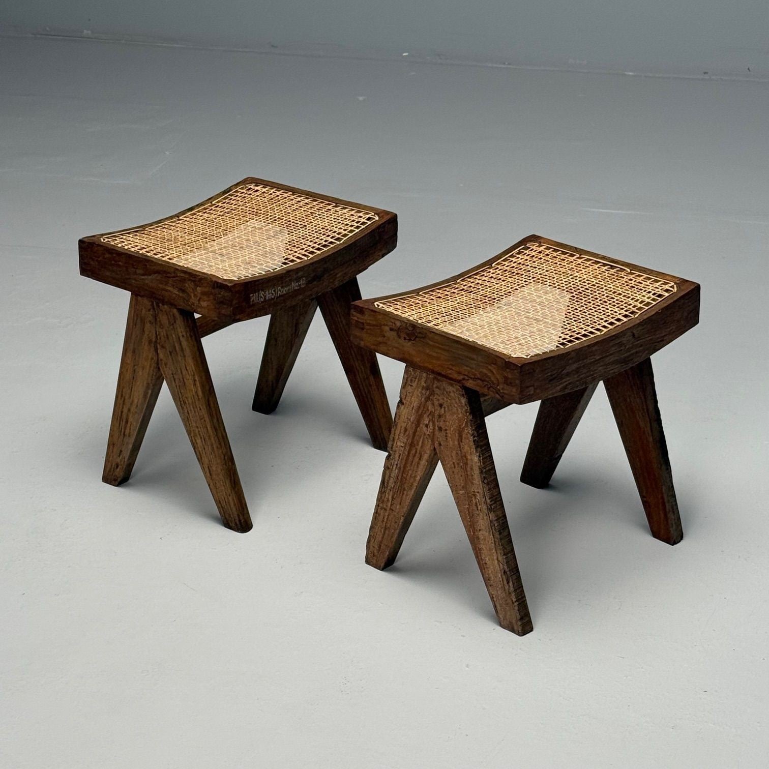 Pierre Jeanneret, French Mid-Century Modern, Footstools, Teak, Cane, Chandigarh